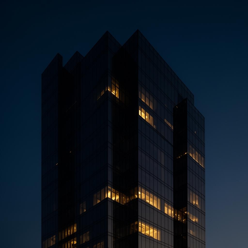 Corporate headquarters at dusk